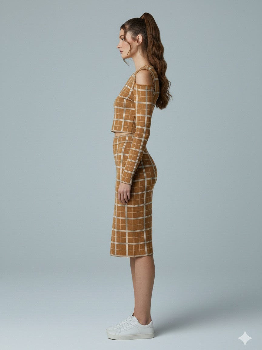 AD Checker Print Cold Shoulder  Crop Top & Midi Skirt  2 Pcs Set in Mustard