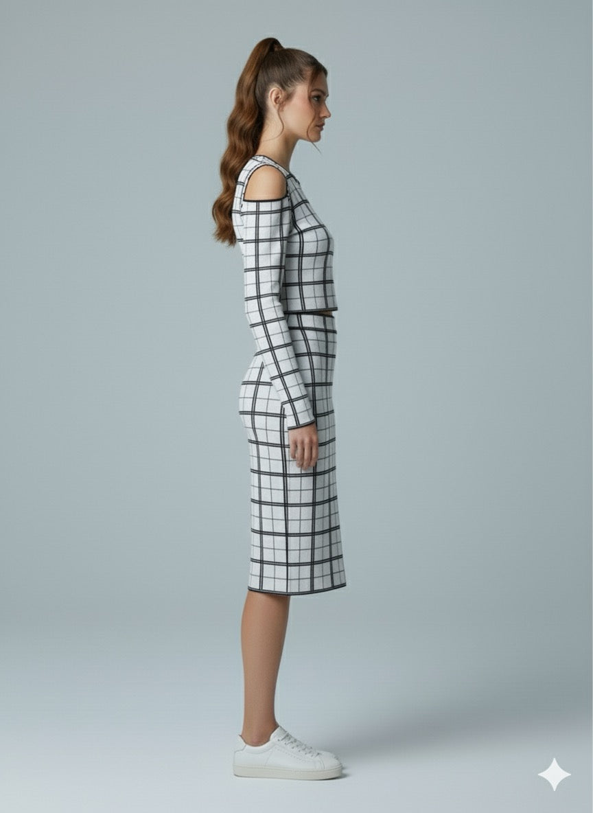 AD Checker Print Cold Shoulder Crop Top & Midi Skirt 2 Pcs Set in White