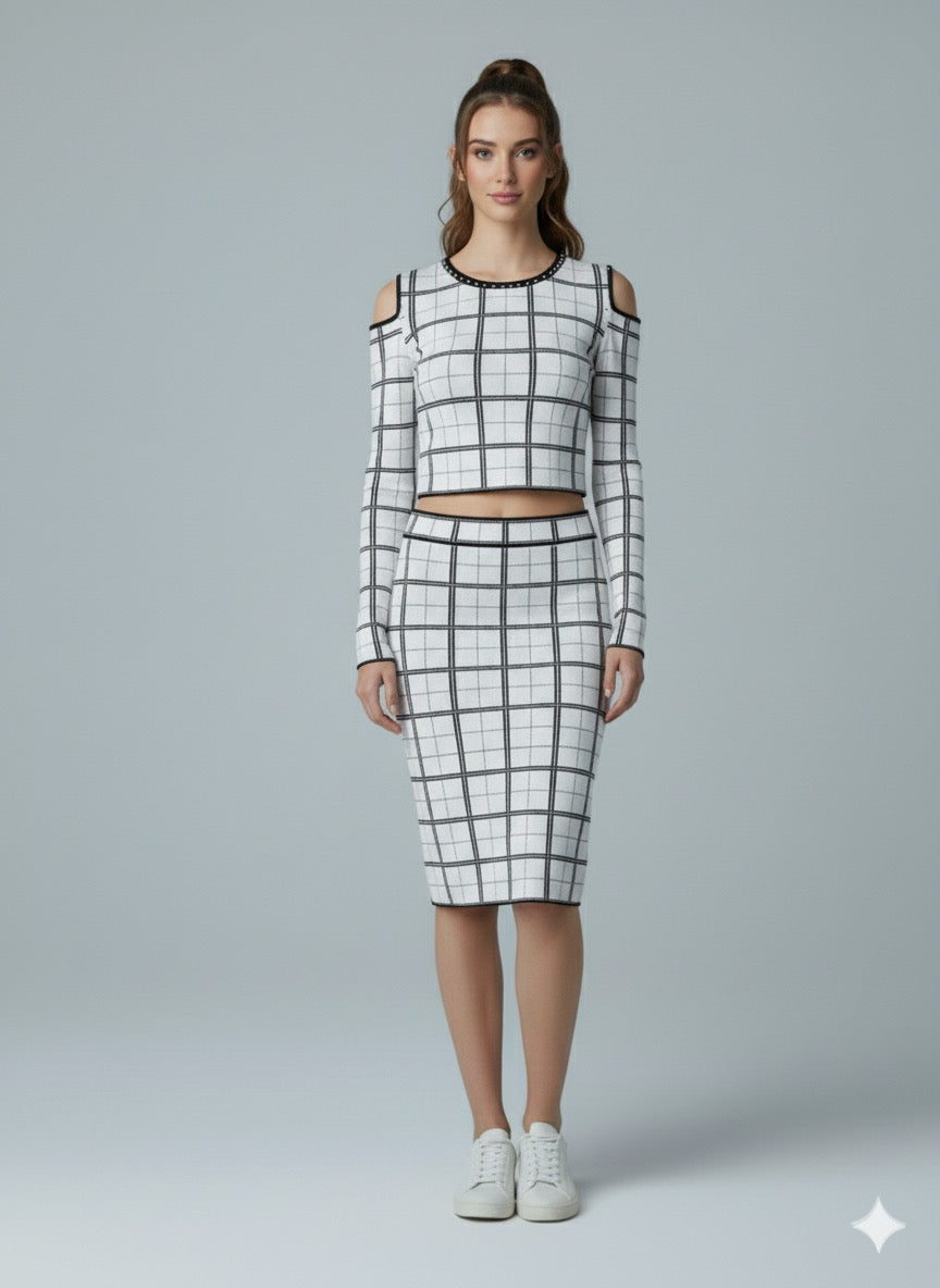 AD Checker Print Cold Shoulder Crop Top & Midi Skirt 2 Pcs Set in White
