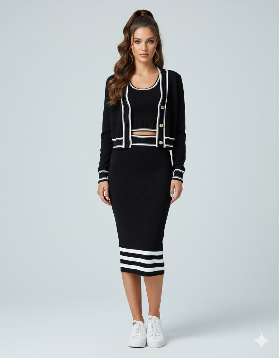 AD Elegant Skinny Trimmed Gold Buttons Knit Cardigan Top 2 Pcs Set in Black