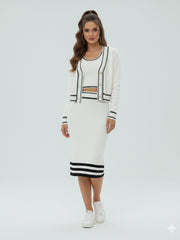 AD Elegant Skinny Trimmed Gold Buttons Knit Cardigan Top 2 Pcs Set in White