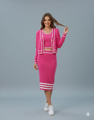 AD Elegant Skinny Trimmed Gold Buttons Knit Cardigan Top 2 Pcs Set in Pink