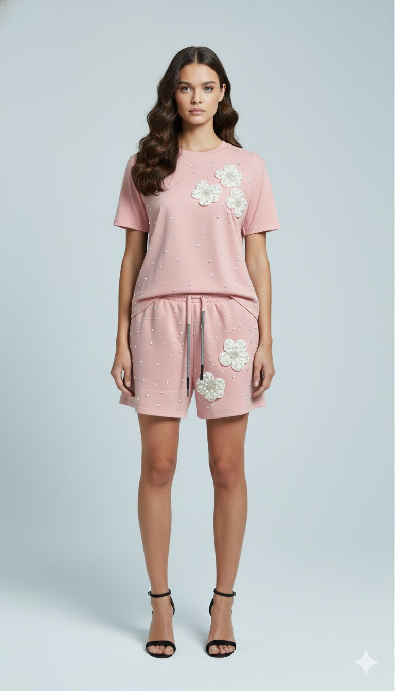 ADL Embellished Short 2 Pcs Set in Pink