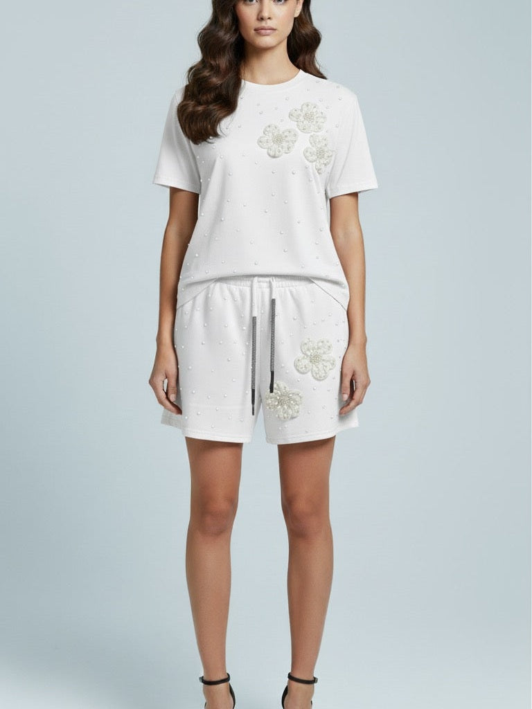 ADL Embellished  Short 2 Pcs Set in White