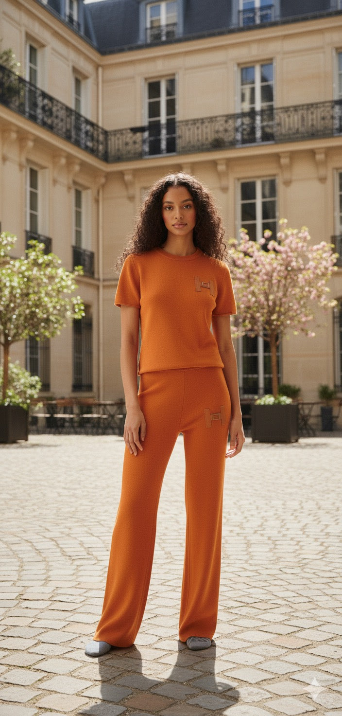 Leisure Fashion Alphabet Embroidered Sweater and Wide Leg Pants Set Two Piece Set in Burnt Orange