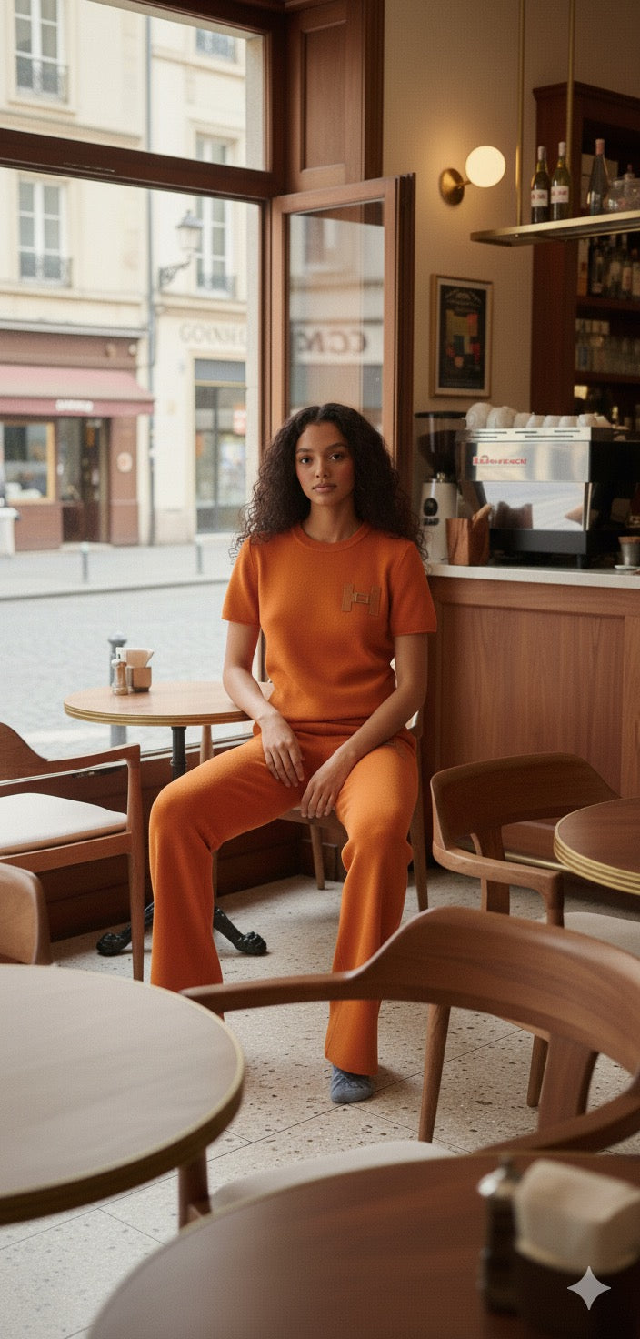 Leisure Fashion Alphabet Embroidered Sweater and Wide Leg Pants Set Two Piece Set in Burnt Orange