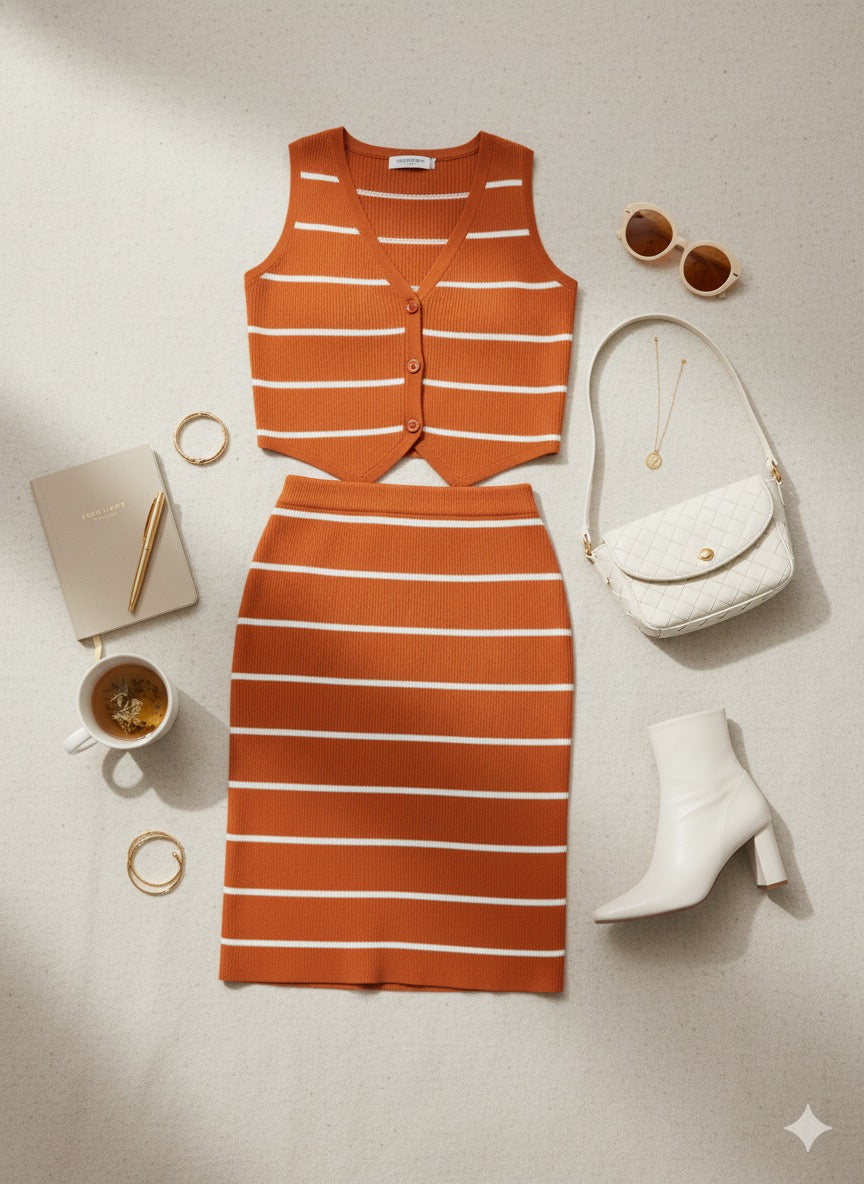 AD Petite Ribbed Stripe 2 Pcs Set in Burnt Orange