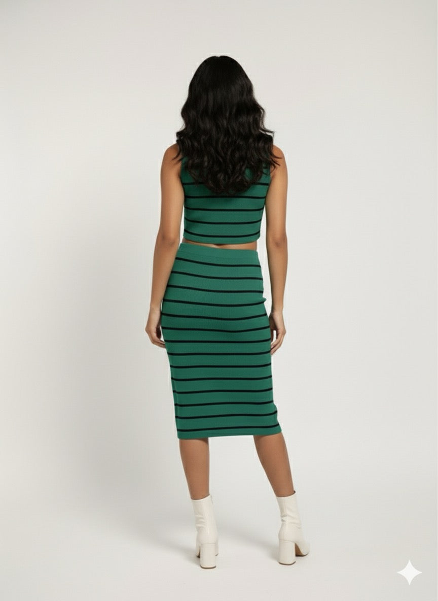 Petite Ribbed Stripe 2 Pcs Set in Green
