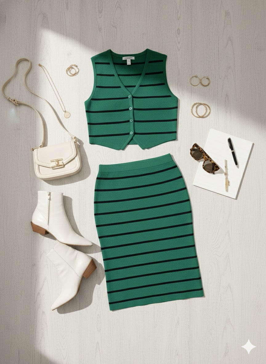 Petite Ribbed Stripe 2 Pcs Set in Green
