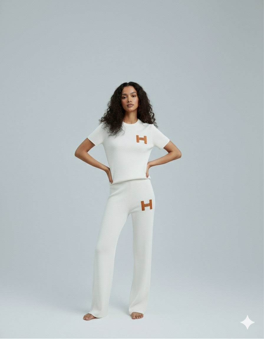 AD Leisure Fashion Alphabet Embroidered Sweater and Wide Leg Pants Set Two Piece Set  in white