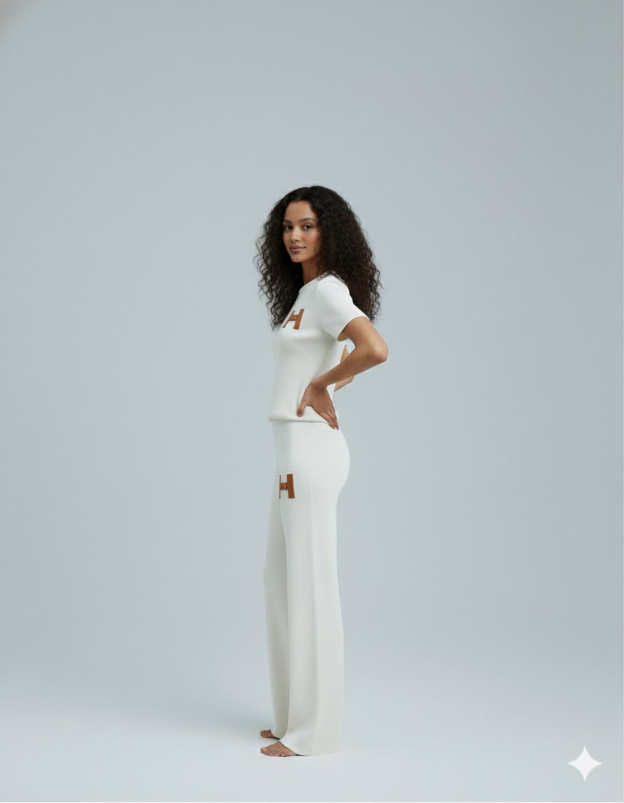 AD Leisure Fashion Alphabet Embroidered Sweater and Wide Leg Pants Set Two Piece Set  in white