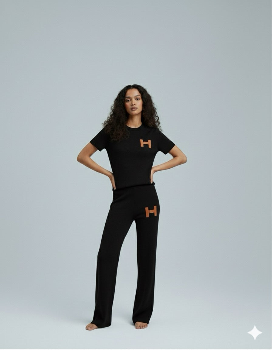 AD Leisure Fashion Alphabet Embroidered Sweater and Wide Leg Pants Set Two Piece Set  in Black