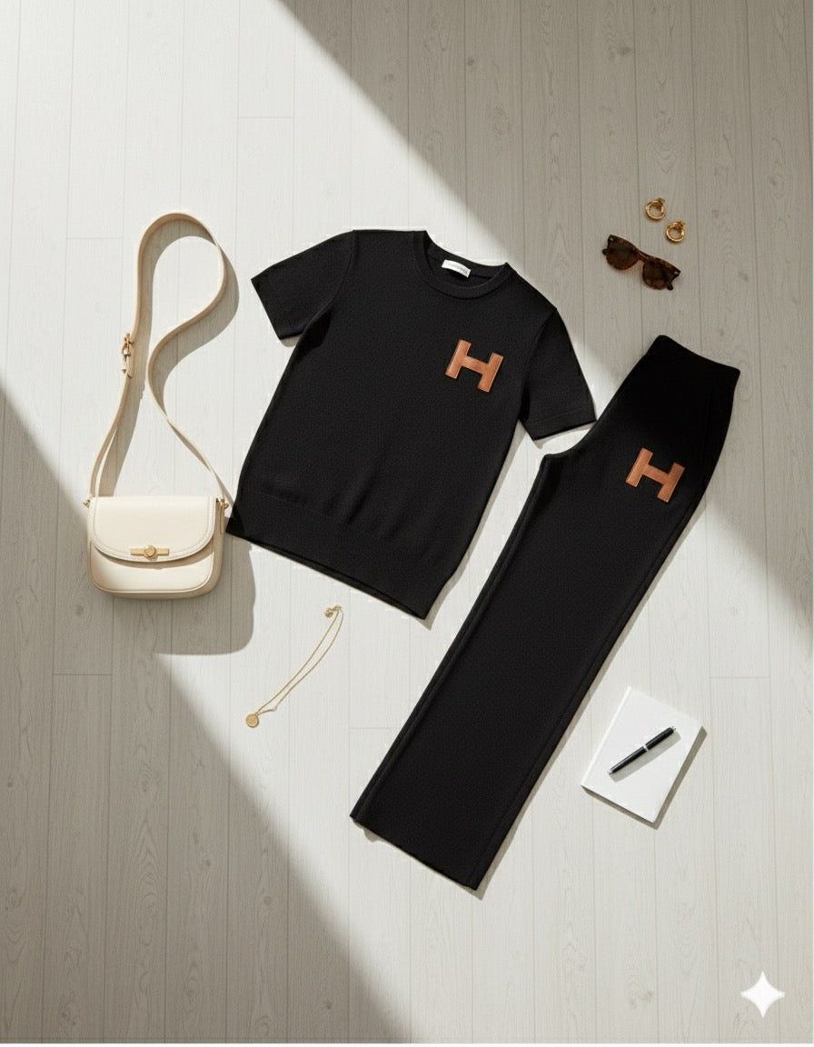 AD Leisure Fashion Alphabet Embroidered Sweater and Wide Leg Pants Set Two Piece Set  in Black