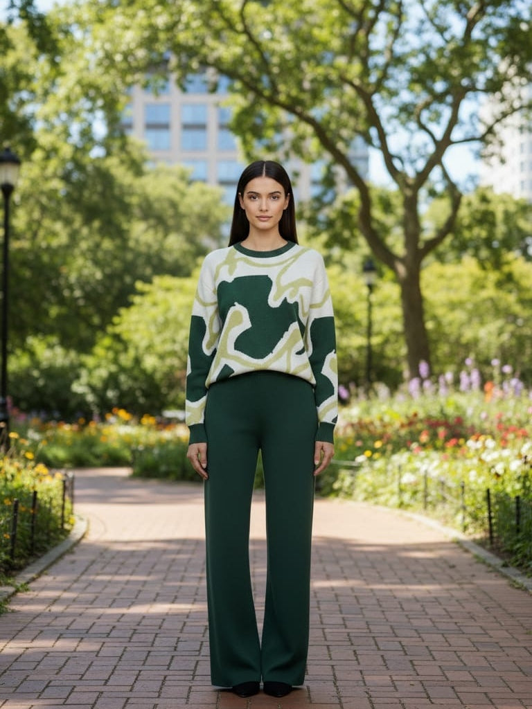 AD Cosy Contrast Colour Printed Knitted 2 pieces Women Pant set in army green