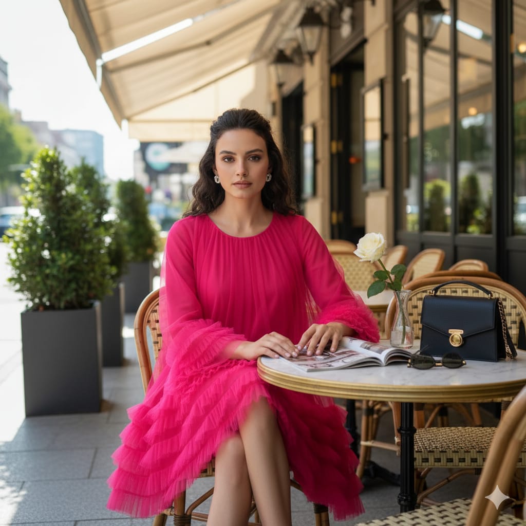 AD Knee Length Long Sleeve Mesh Ruffles Hem Dress for Women in Pink