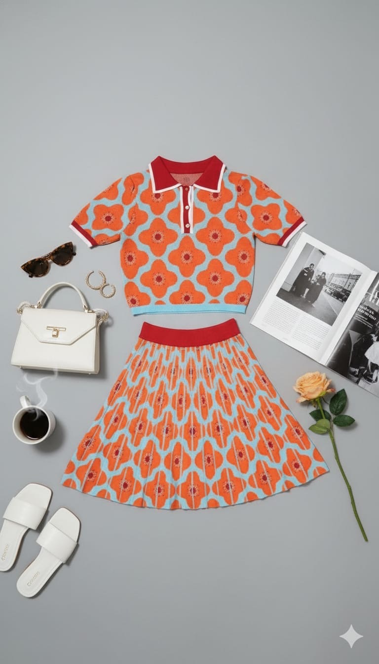 ADL Vintage Retro Floral Geometric Print 2 Pcs Set