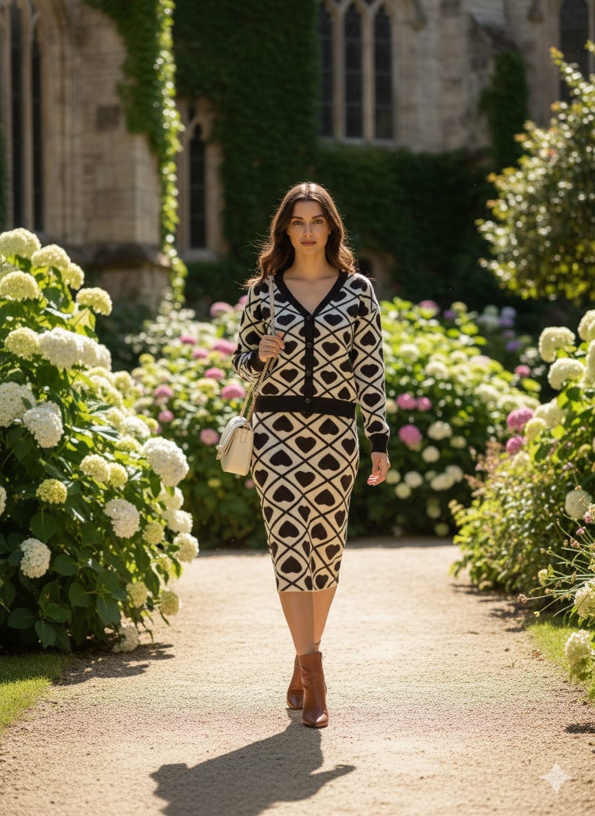 ADL Fashionable Knitted Heart Patterns  Long Sleeve 2 Pcs Set