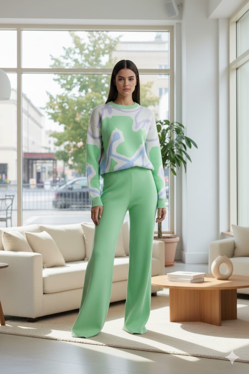 ADL Cosy Contrast Colour Printed Knitted 2 pieces Women Pant set in Teal