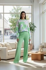 ADL Cosy Contrast Colour Printed Knitted 2 pieces Women Pant set in Teal