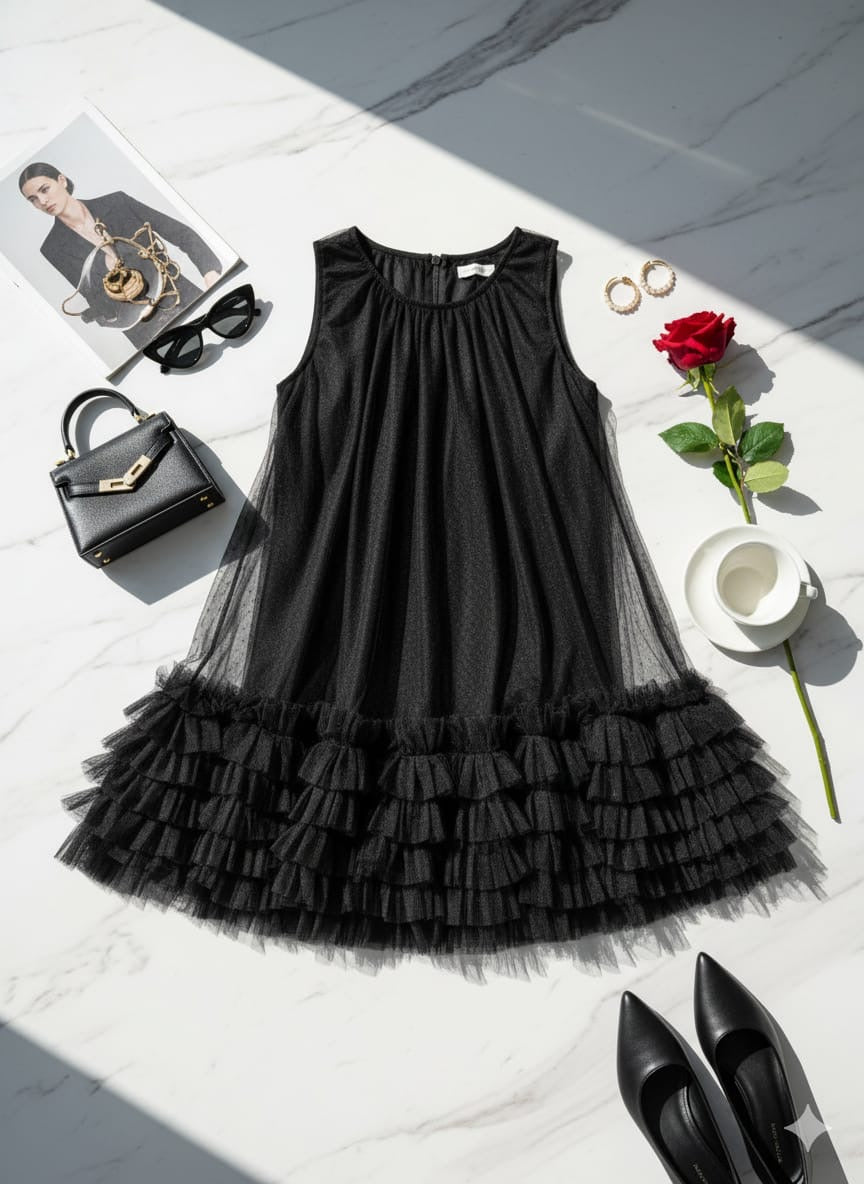 AD Knee Length Sleeveless Mesh Ruffles Hem Dress for Women in Black