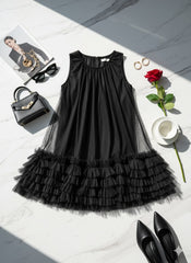 AD Knee Length Sleeveless Mesh Ruffles Hem Dress for Women in Black
