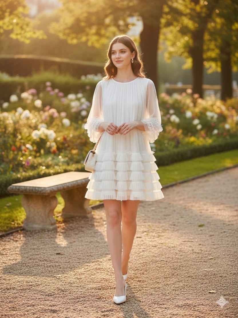 AD Knee Length Long Sleeve Mesh Ruffles Hem Dress for Women in White