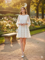 AD Knee Length Long Sleeve Mesh Ruffles Hem Dress for Women in White