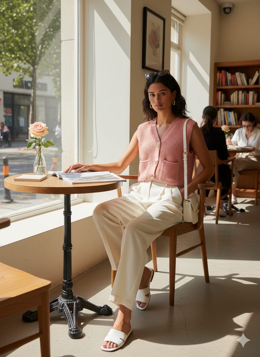 ADL Crop Women's Knit Vest Cardigan With Large Gold Button in Peach