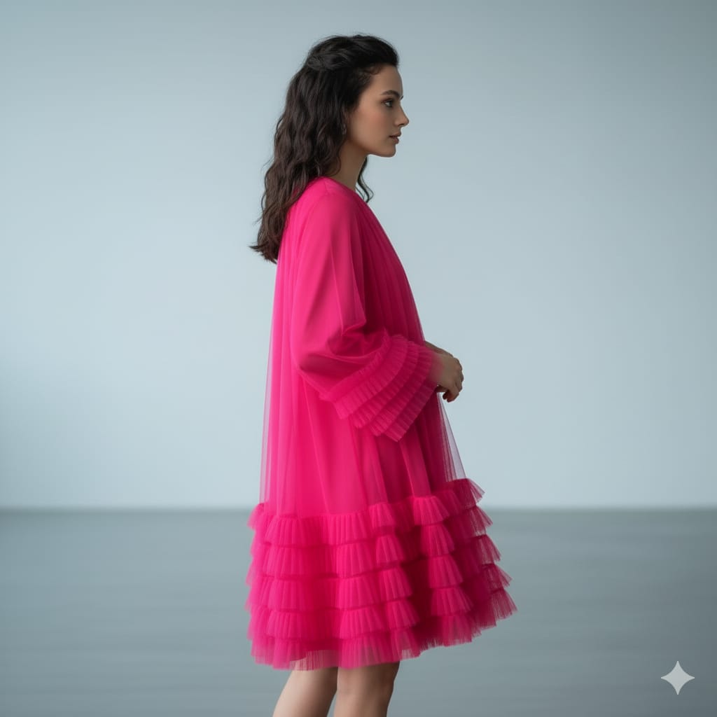 AD Knee Length Long Sleeve Mesh Ruffles Hem Dress for Women in Pink