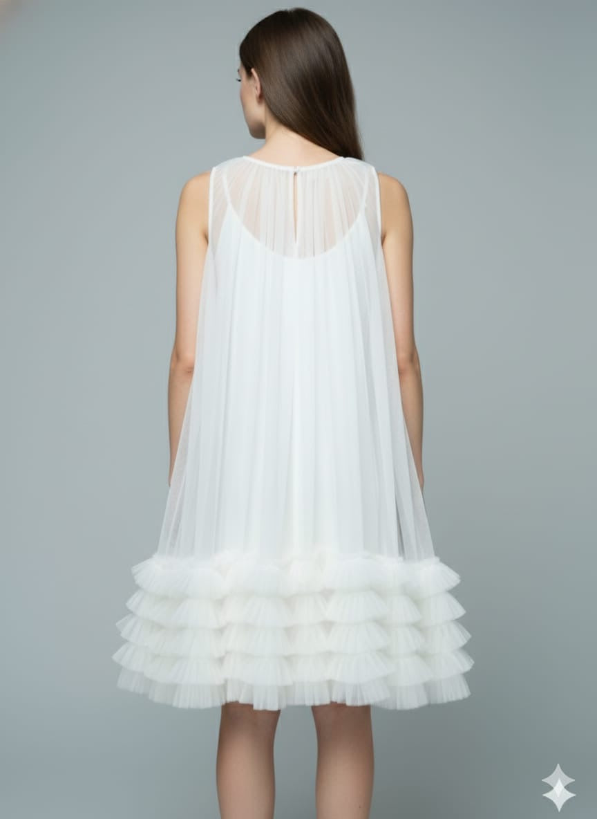 AD Knee Length Sleeveless Mesh Ruffles Hem Dress for Women in White