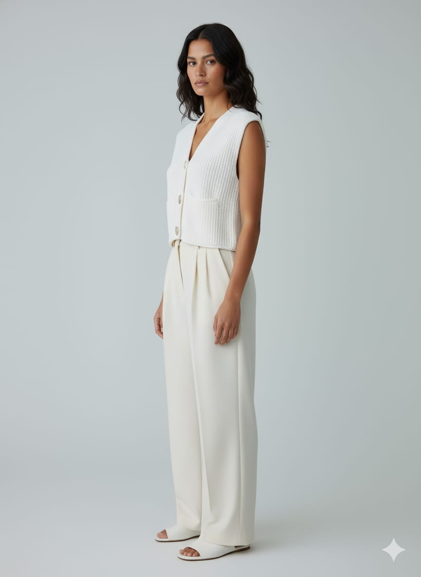 ADL Crop Women's Knit Vest Cardigan With Large Gold Button in Pure White