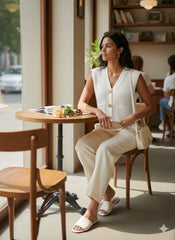 ADL Crop Women's Knit Vest Cardigan With Large Gold Button in Pure White