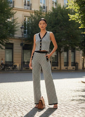 ADL High-End Knitted Top & Wide Leg Pant 2 Pcs Set in Black.