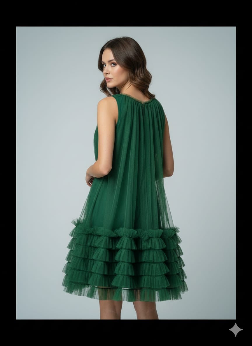 AD Knee Length Sleeveless Mesh Ruffles Hem Dress for Women in green
