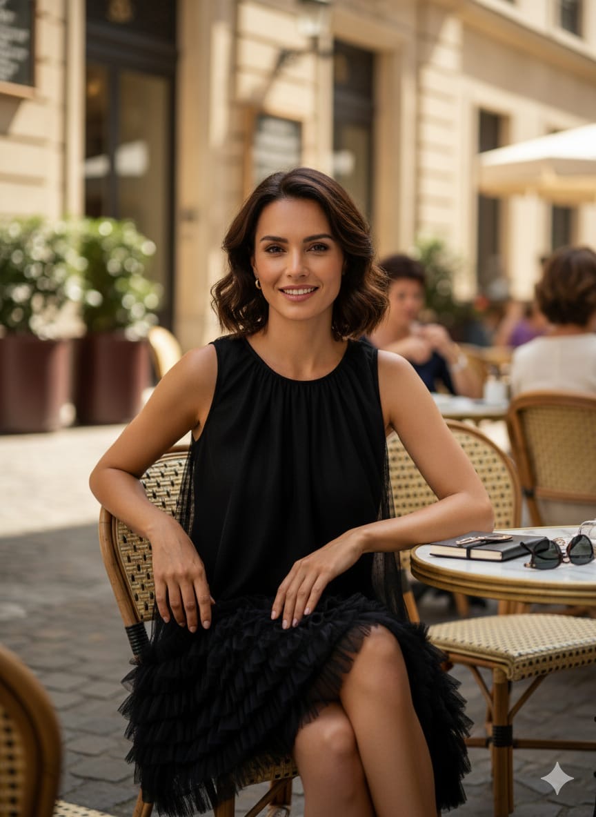 AD Knee Length Sleeveless Mesh Ruffles Hem Dress for Women in Black