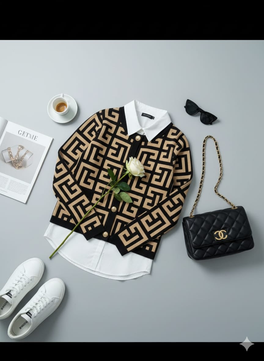 AD  Vintage Geometric Pattern Women Slim Cardigan in Brown