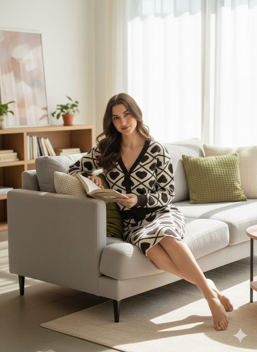 ADL Fashionable Knitted Heart Patterns  Long Sleeve 2 Pcs Set