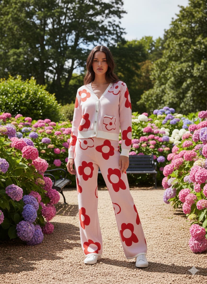 ADL High Quality Floral Pattern V-Neck Knitted 2 piece Set Women Wide-Leg in Red