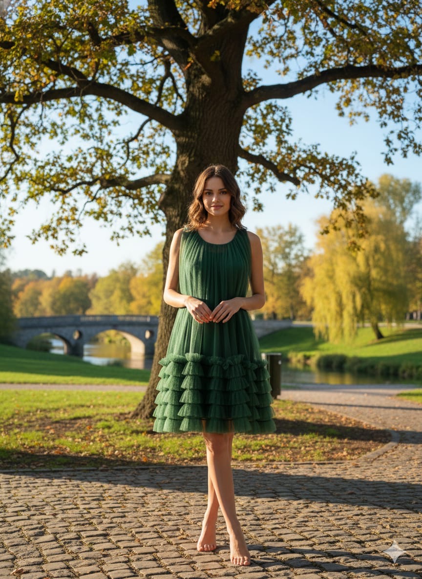 AD Knee Length Sleeveless Mesh Ruffles Hem Dress for Women in green