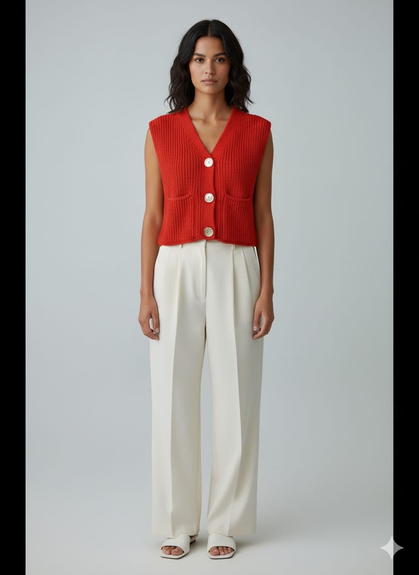 ADL Crop Women's Knit Vest Cardigan With Large Gold Button in burnt orange.