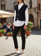 ADL Crop Women's Knit Vest Cardigan With Large Gold Button in Navy