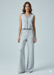 ADL High-End Knitted Top & Wide Leg Pant 2 Pcs Set in Gray.