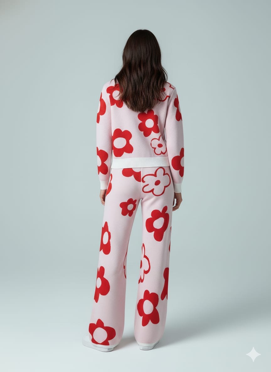 ADL High Quality Floral Pattern V-Neck Knitted 2 piece Set Women Wide-Leg in Red