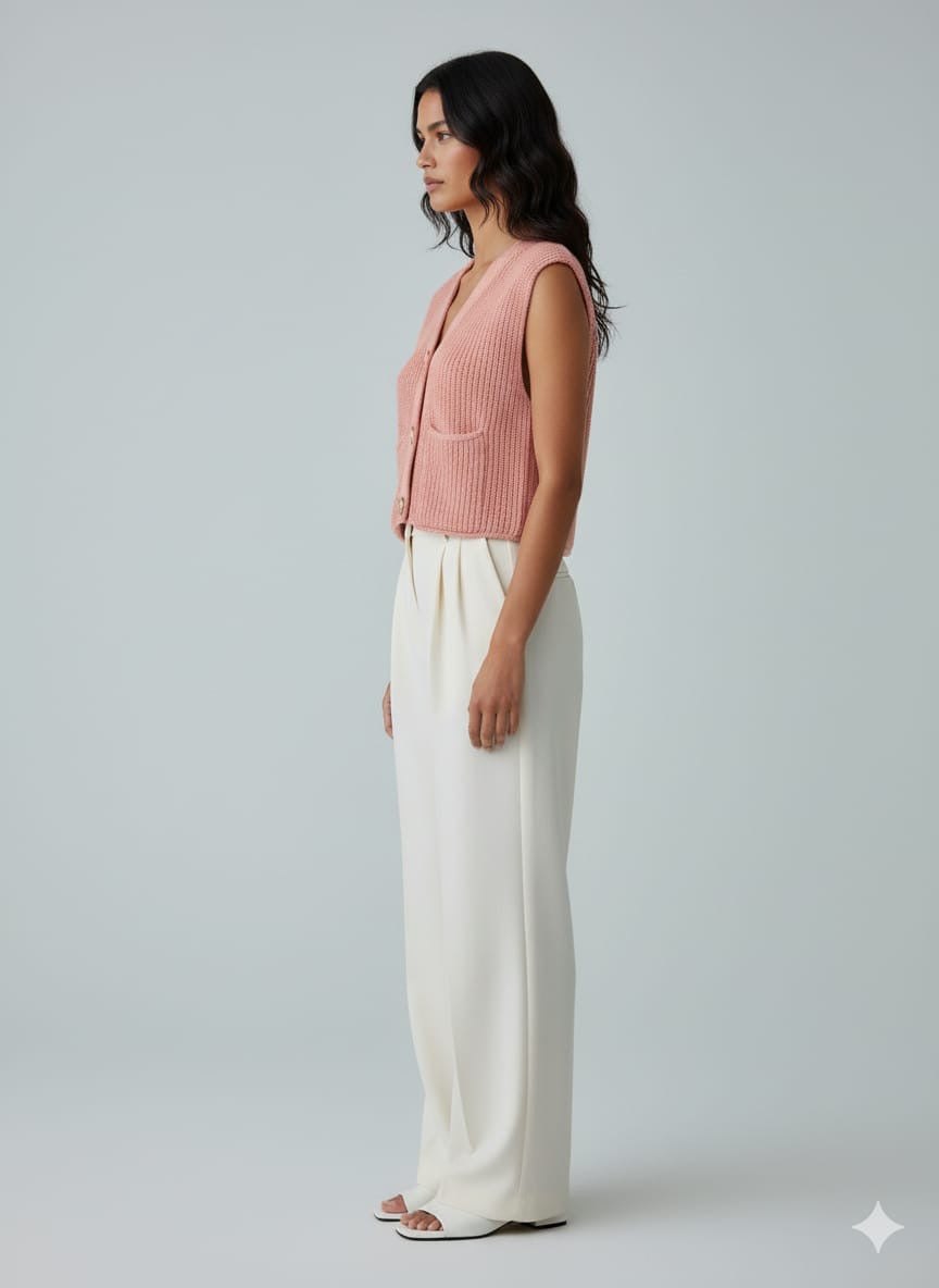 ADL Crop Women's Knit Vest Cardigan With Large Gold Button in Peach