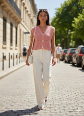 ADL Crop Women's Knit Vest Cardigan With Large Gold Button in Peach