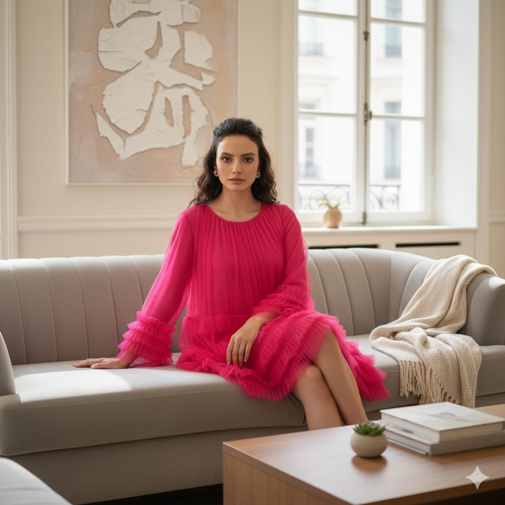 AD Knee Length Long Sleeve Mesh Ruffles Hem Dress for Women in Pink