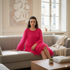 AD Knee Length Long Sleeve Mesh Ruffles Hem Dress for Women in Pink