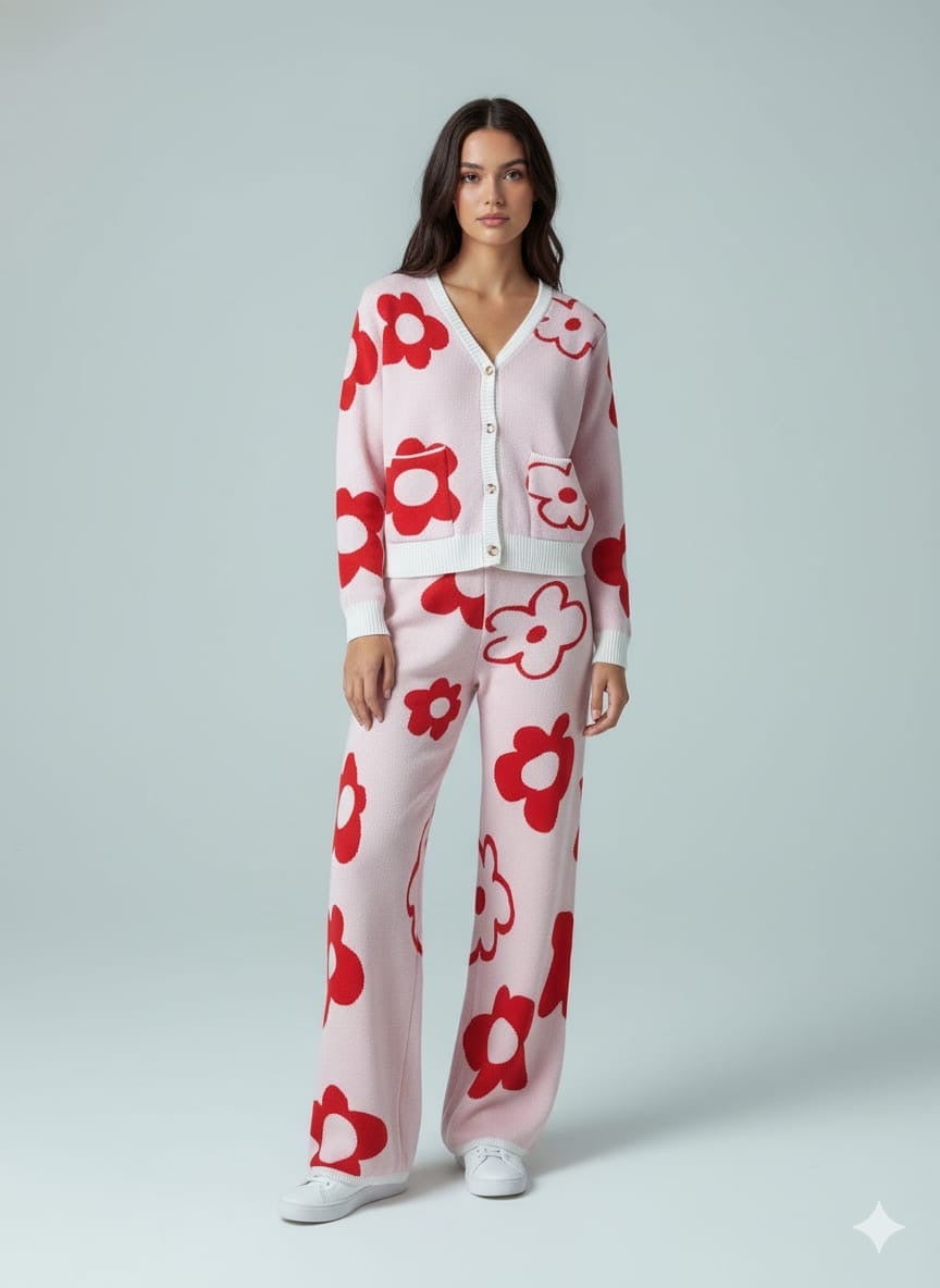 ADL High Quality Floral Pattern V-Neck Knitted 2 piece Set Women Wide-Leg in Red