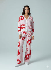 ADL High Quality Floral Pattern V-Neck Knitted 2 piece Set Women Wide-Leg in Red