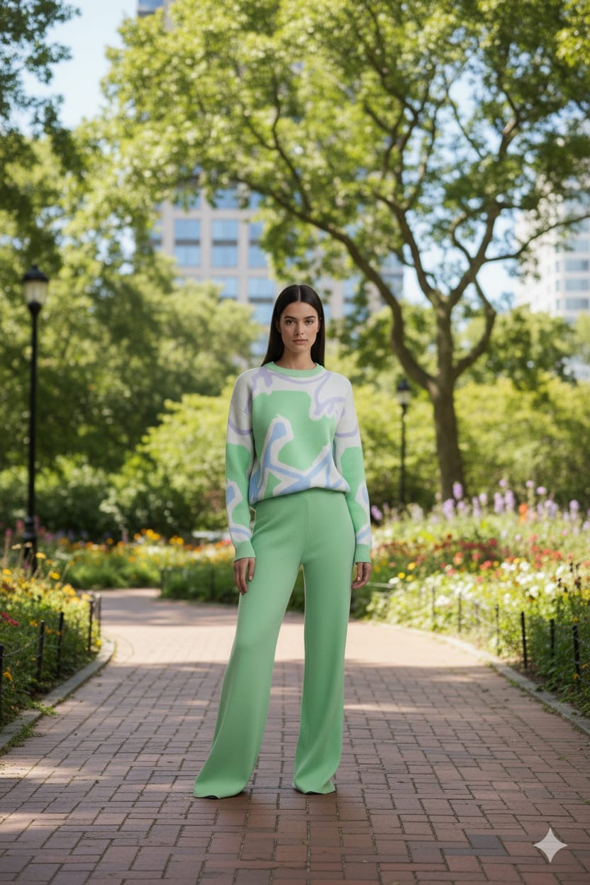 ADL Cosy Contrast Colour Printed Knitted 2 pieces Women Pant set in Teal